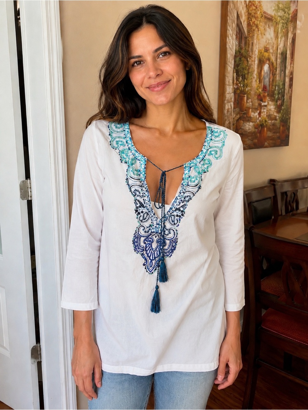 Tommy Bahama women’s tunic White, Embroidery and Tassels, Size S petite